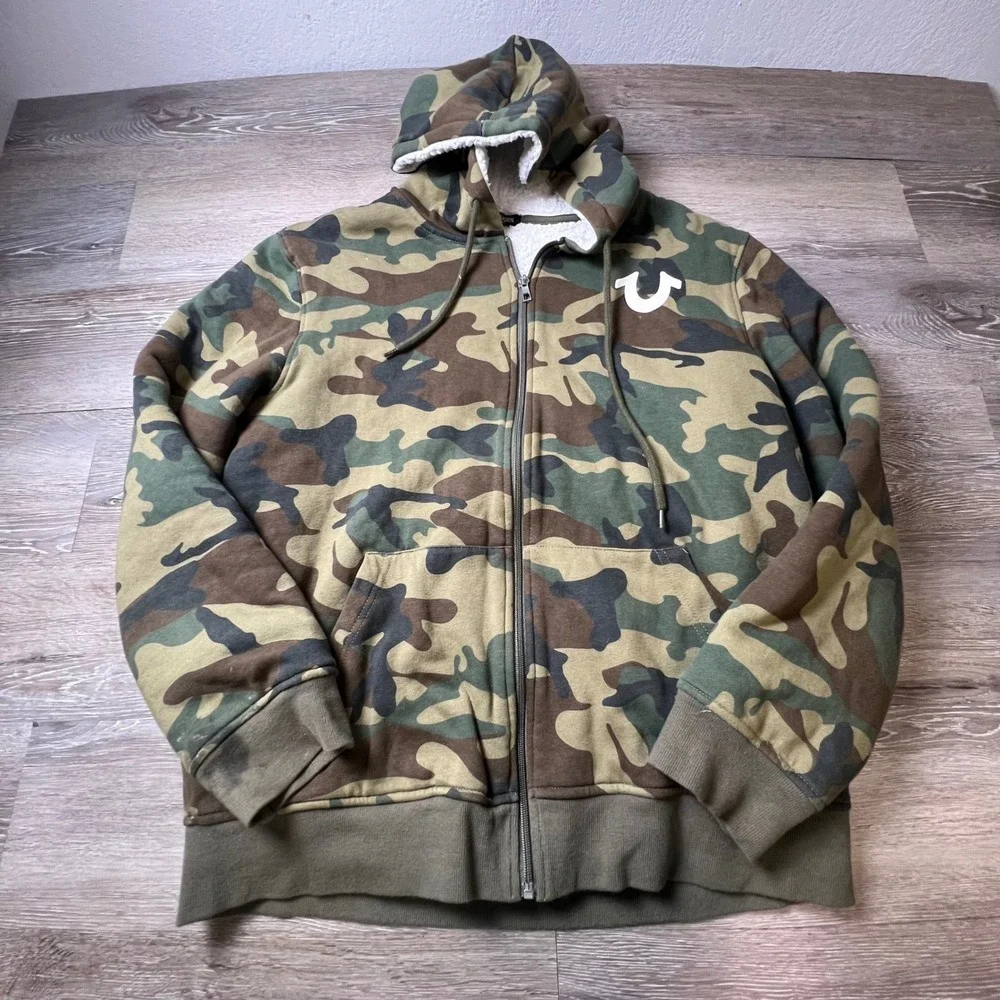 True Religion Hoodie Mens Camo Sherpa Lined Buddha Graphic Full Zip Jacket